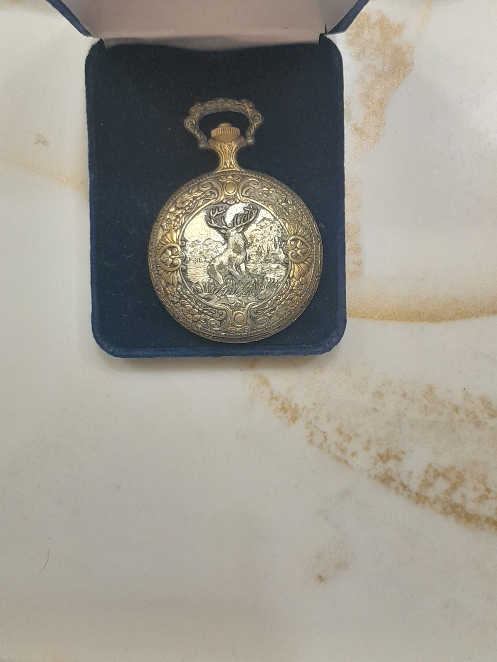Source Unknown Gold-Tone Pocket Watch with Stag Motif